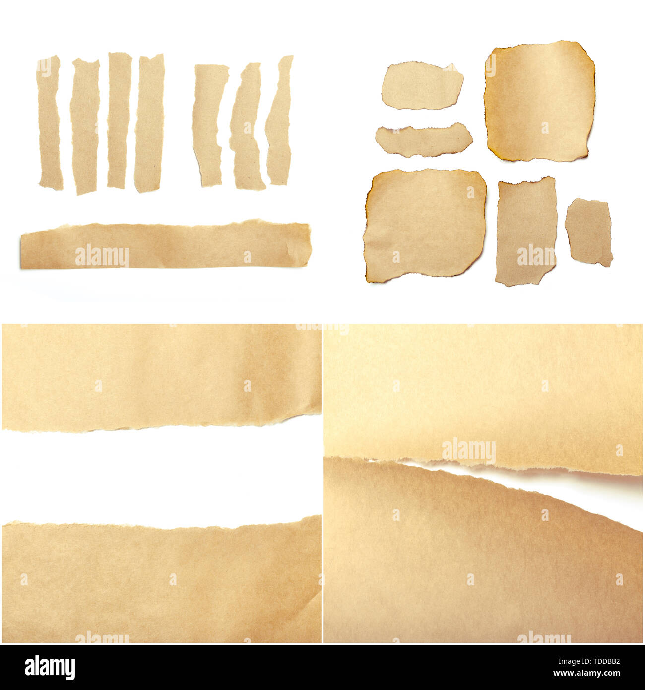 braune zerrissenen Stück Papier auf weißem Hintergrund Stockfoto