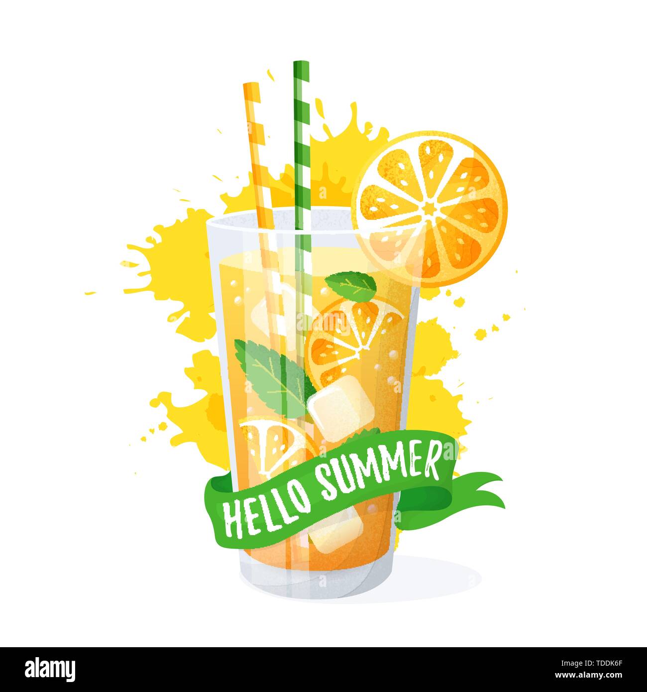 Hallo Sommer! Orange Cocktail aus Glas. Vector Illustration auf weißem Hintergrund. Moderne Banner mit erfrischenden Drink, Farbband und Saft splash Stock Vektor