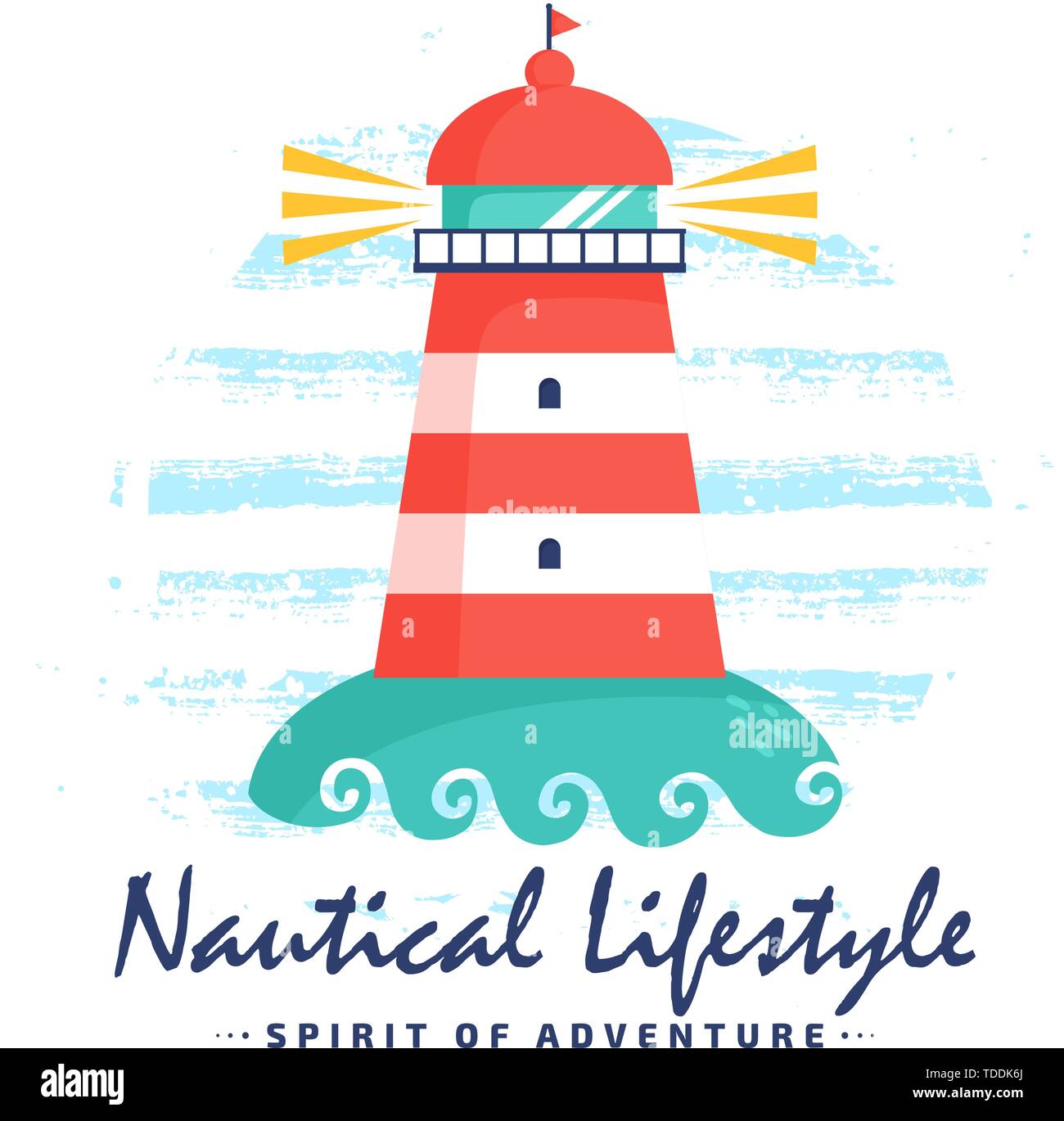 Leuchtturm mit gestreiften Hintergrund und nautischen Lifestyle Slogan. Vector Illustration auf einen weißen Hintergrund für Poster oder ein T-Shirt drucken. Stock Vektor