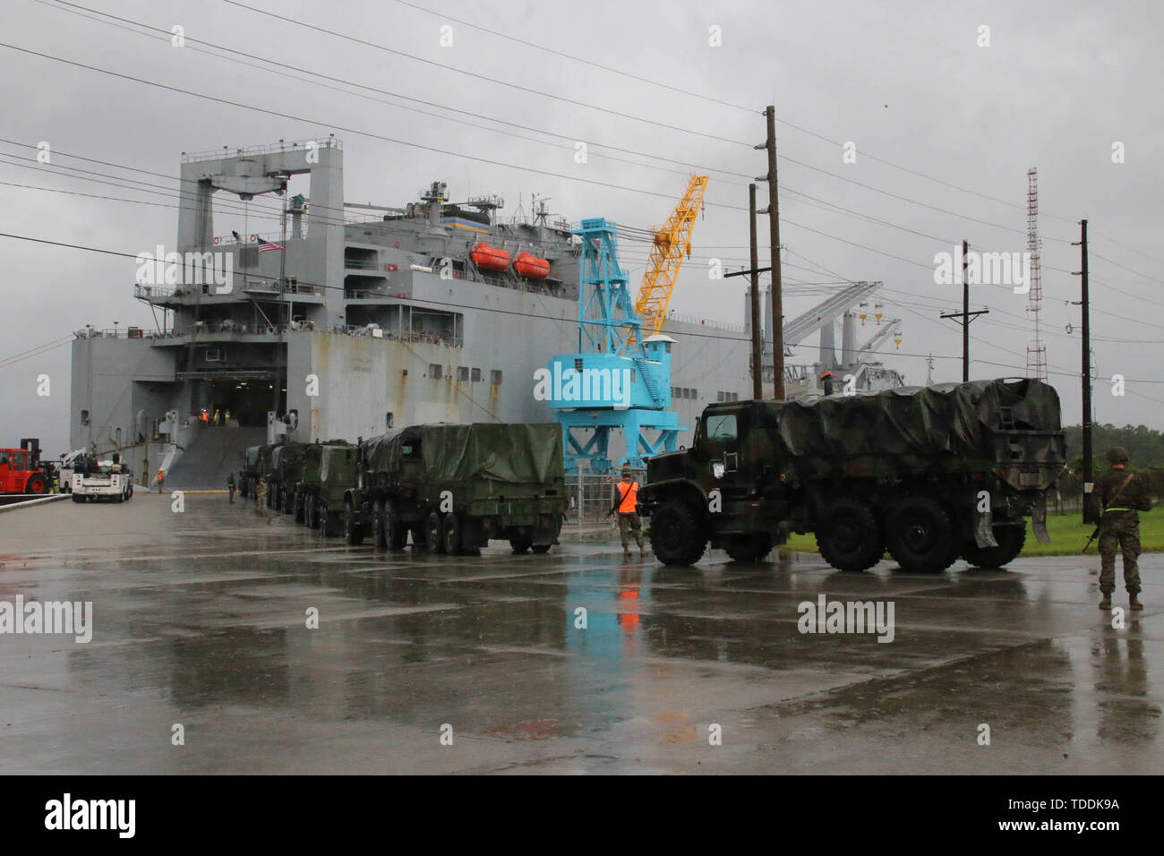 Gemeinsame Basis Charleston, S.C. -- Soldaten 7. Army Transportation Brigade, 11 Transport Bataillon von Ft zugeordnet. Geschichte, Virginia, in Verbindung mit den US-Marines mit 2 Transport Support Bataillons, Bekämpfung der Logistik Regiment 2, 2 Marine Logistics Group von Camp Lejeune in North Carolina geladen Ausrüstung an Bord der U.S.N.S. Watkins (T-AKR 315), während an der Wharf Alpha günstig auf einer gemeinsamen Basis Charleston in South Carolina in Vorbereitung auf die Übung entschlossen Sun 2019 Joint Logistics Über das Ufer (JLOTS) Übung außerhalb von Norfolk, Virginia noch in diesem Monat. Stockfoto