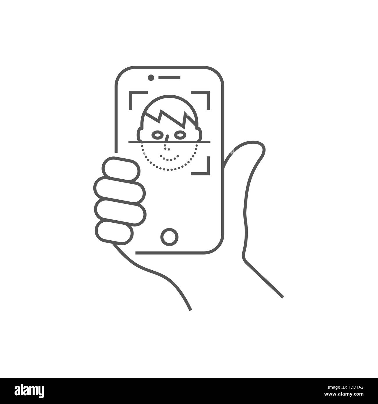 Die biometrische Identifikation, Face Recognition System Konzept. Smartphone in der Hand scannt eine Person ins Gesicht. Mobile App für Gesichtserkennung. Face ID. Gesicht Stock Vektor