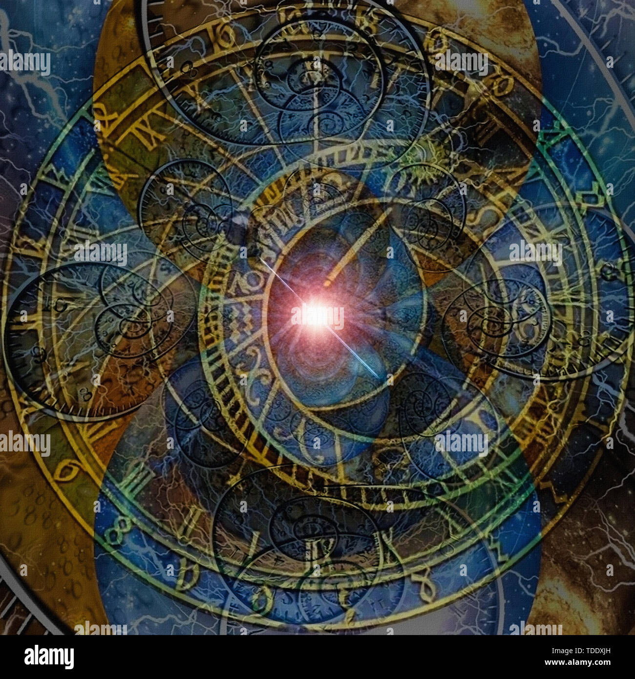 Moderne abstrakte. Die Räder der Zeit. Astronomische Uhr und Spiralen der Ewigkeit Stockfoto