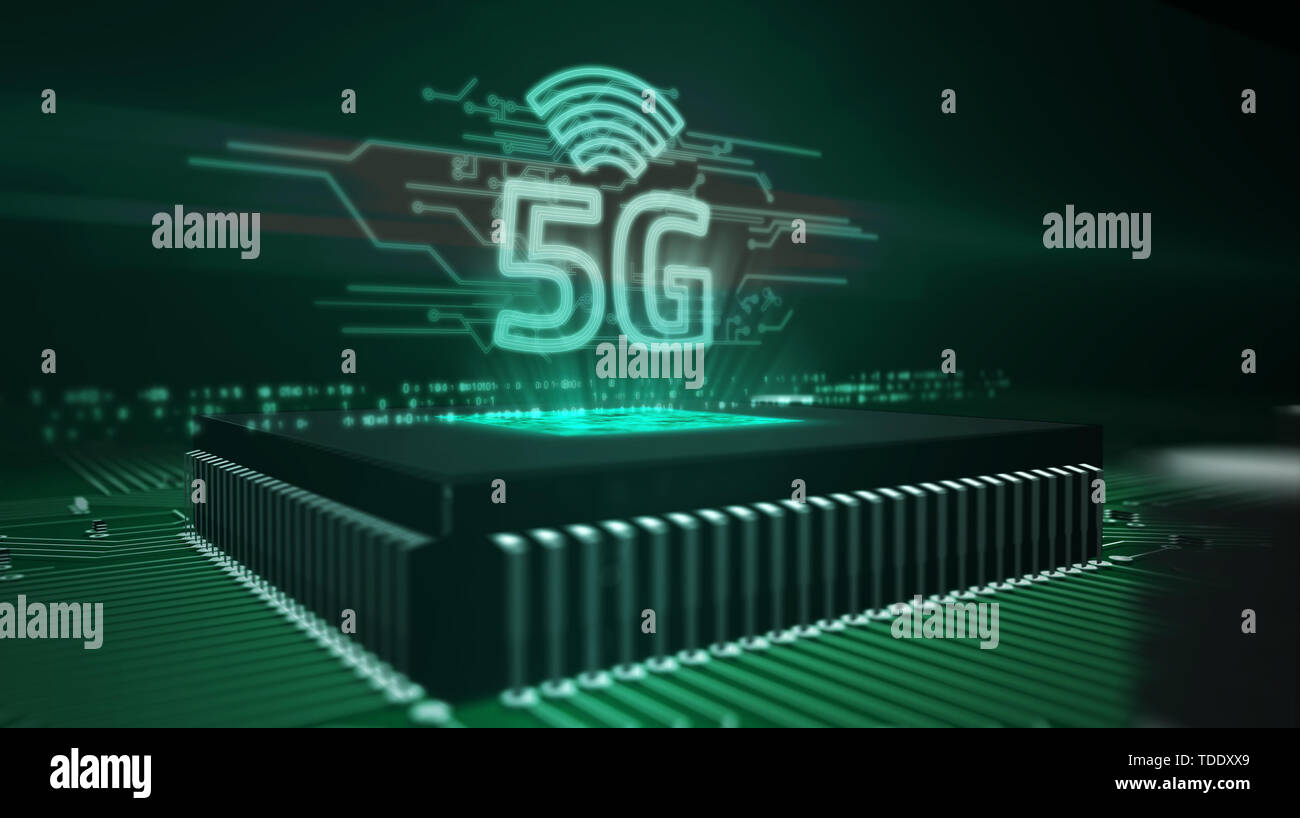 5G Hologramm über funktionierende cpu auf Platine im Hintergrund. 5G, neue Technologie, Kommunikation, Streaming Übertragung und mobile Internet Konzept 3d Stockfoto