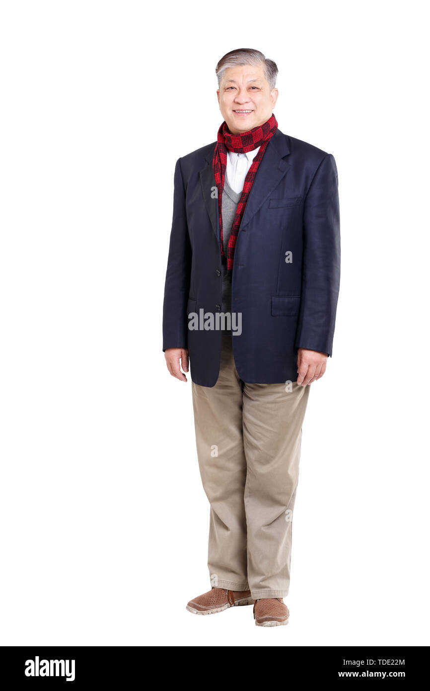 Isoliert stehende alte asiatische Mann mit blauen Anzug und roter Schal Stockfoto