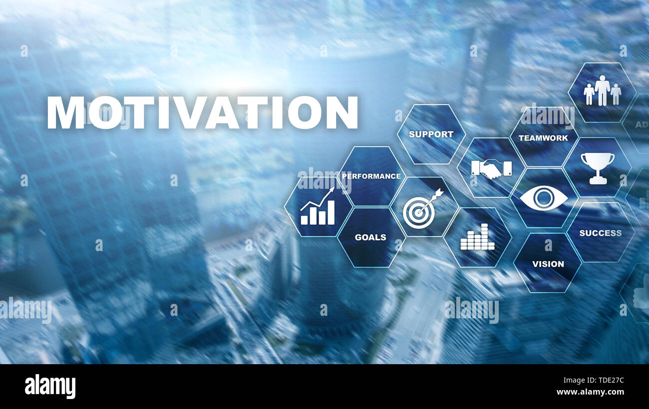 Motivation Konzept mit den Elementen. Business Team. Finanzkonzept auf verschwommenen Hintergrund. Mixed Media. Stockfoto