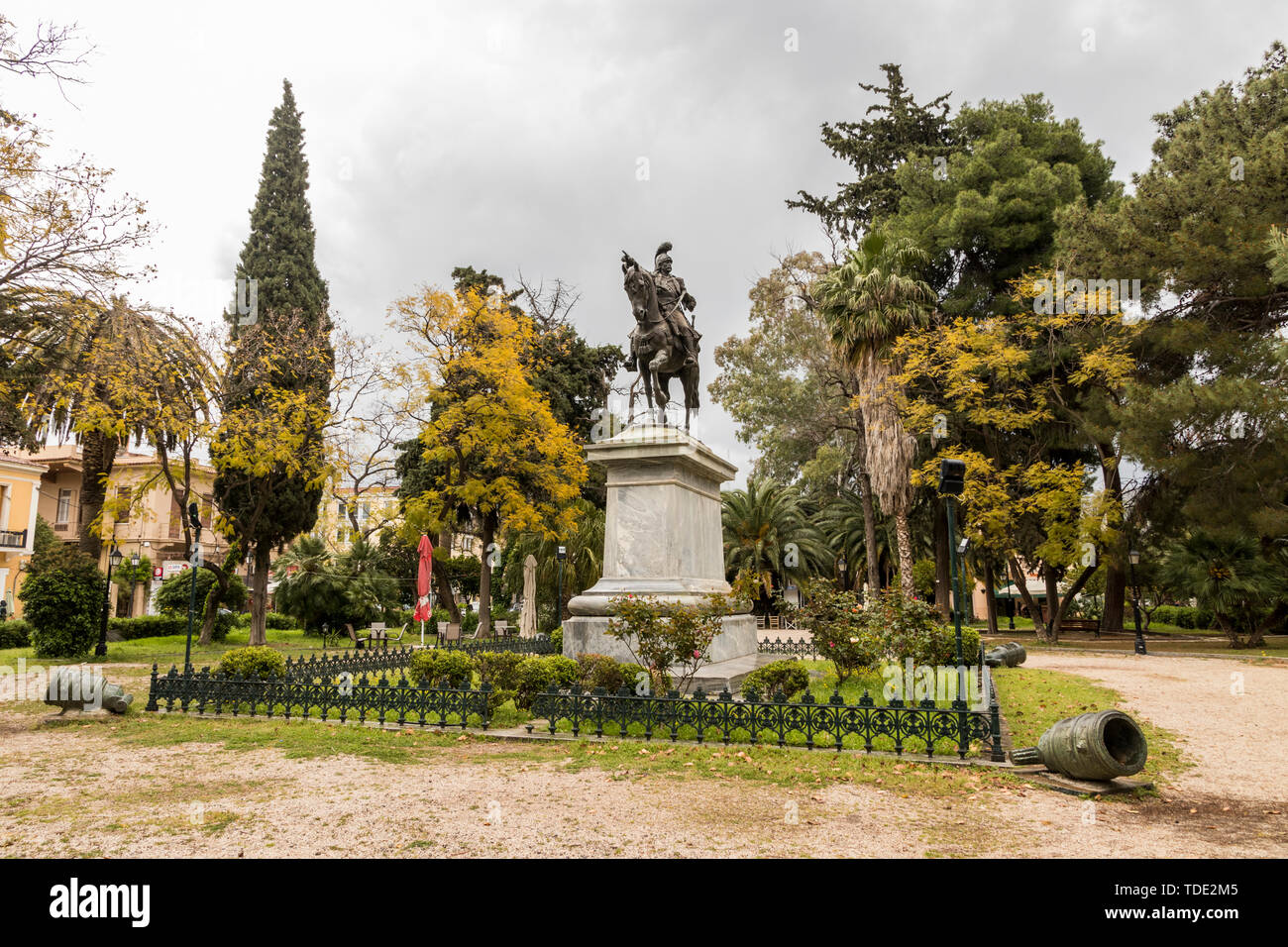 Nafplio, Griechenland. Statue von Theodoros Kolokotronis, Griechische und herausragende Führer der griechischen Unabhängigkeitskrieg gegen das Osmanische Reich Stockfoto