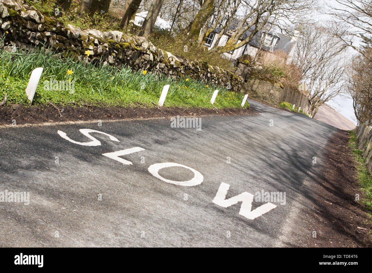 Ein 'langsam' Schild markiert auf der Straße durch Kergord Holz in den Shetlandinseln, nördlich von Schottland, Großbritannien. Stockfoto