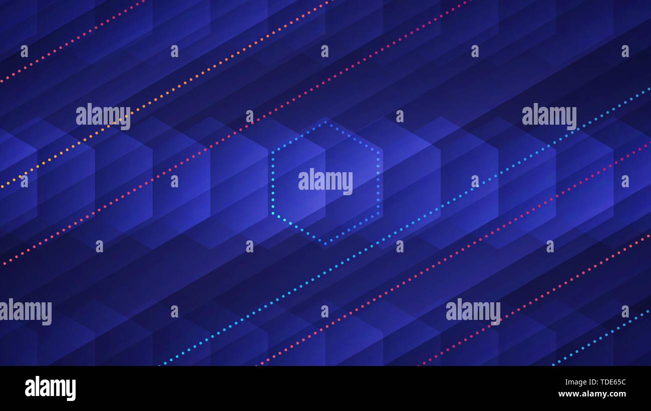Abstrakte hellen Hintergrund. Vector Abbildung: transparente Sechsecke und leuchtende Neon farbige gestrichelte Linien auf blauem Hintergrund Stock Vektor