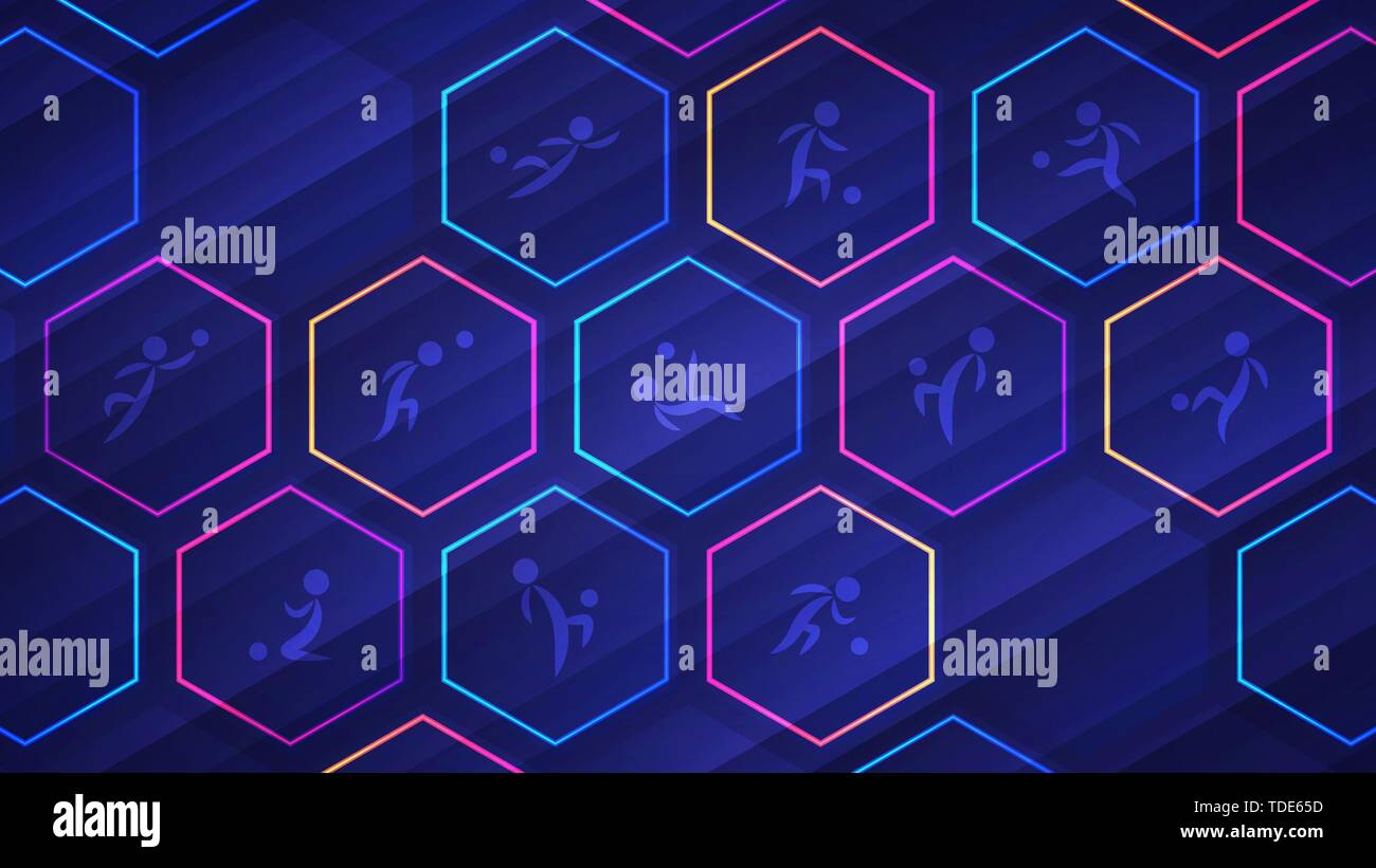 Fußball-Europameisterschaft hellen Hintergrund. Vector Illustration von leuchtenden Neon farbigen Hexagon Zellen und Fußballspieler Symbole über blauer Hintergrund Stock Vektor