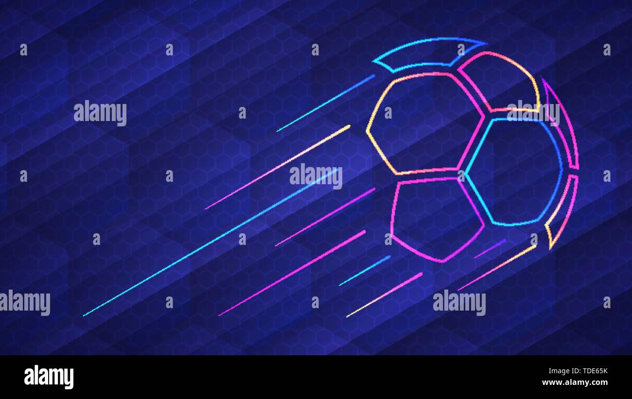 Fußball-Europameisterschaft hellen Hintergrund. Vector Illustration der abstrakten leuchtende Neon farbigen Fußball und Sechskant Raster über blauer Hintergrund Stock Vektor