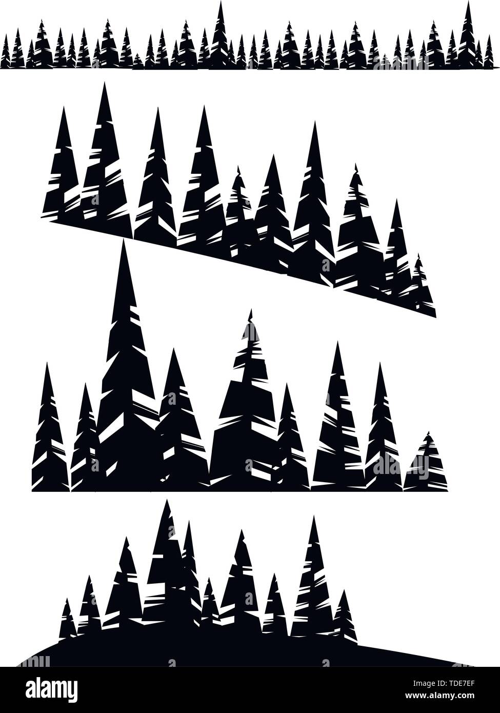 Schwarze silhouette Satz Winter immergrüne Nadelwald Bäume auf weißem Hintergrund flachbild Vector Illustration. Stock Vektor