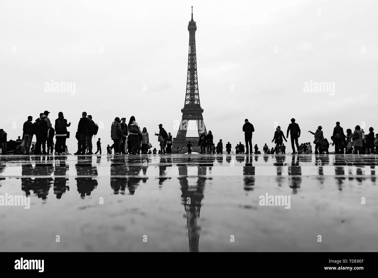 Eiffelturm mit Reflexionen nach dem Regen in Paris, Frankreich Stockfoto