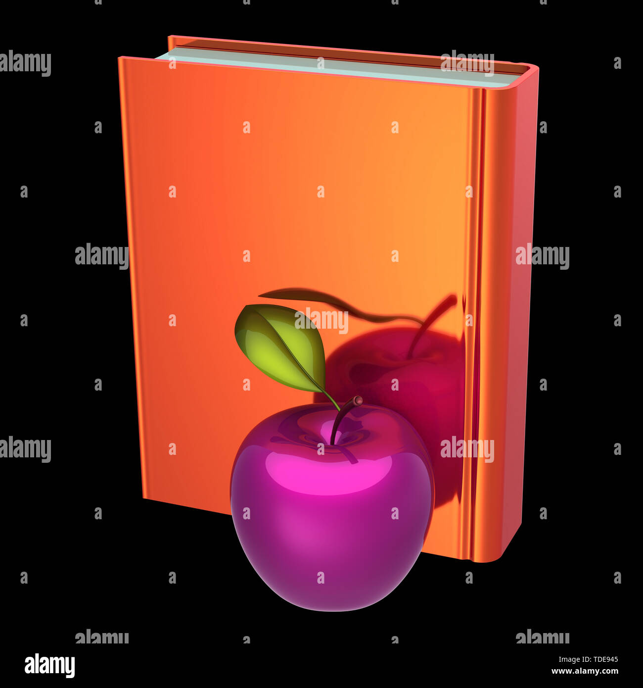 Goldene Buch und lila Apple. Bildung, Wissen, Lernen Symbol, Religion Konzept. 3D-Illustration, isoliert auf Schwarz Stockfoto