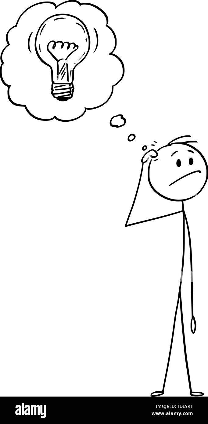 Vektor cartoon Strichmännchen Zeichnen konzeptionelle Darstellung der Mann über das Problem denken und gerade eine Idee. Mann und Ballon mit Glühbirne. Stock Vektor