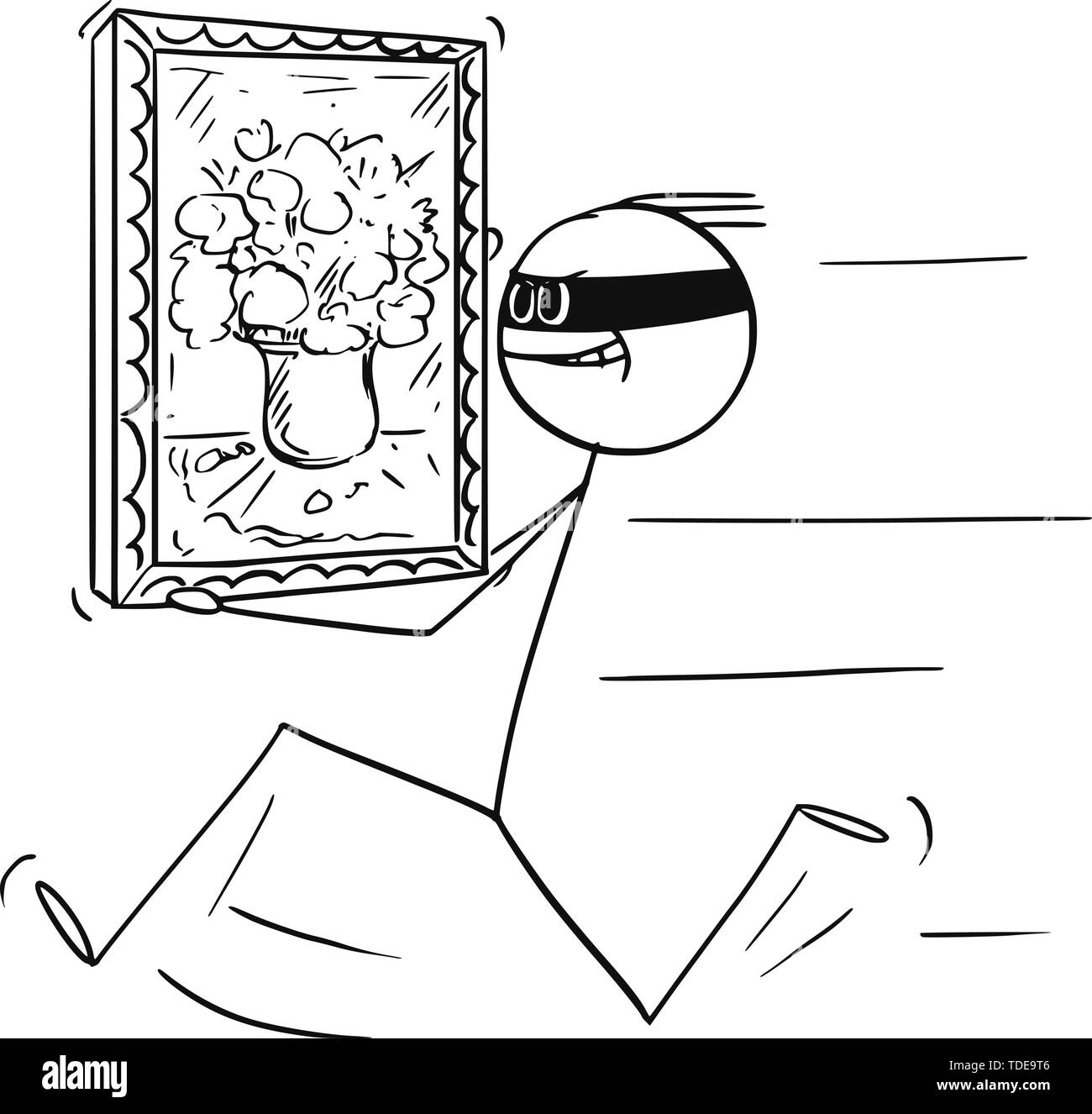 Vektor cartoon Strichmännchen Zeichnen konzeptionelle Darstellung der Dieb läuft mit gestohlenen Gemälde aus Museum, Kunstgalerie oder Haus. Stock Vektor