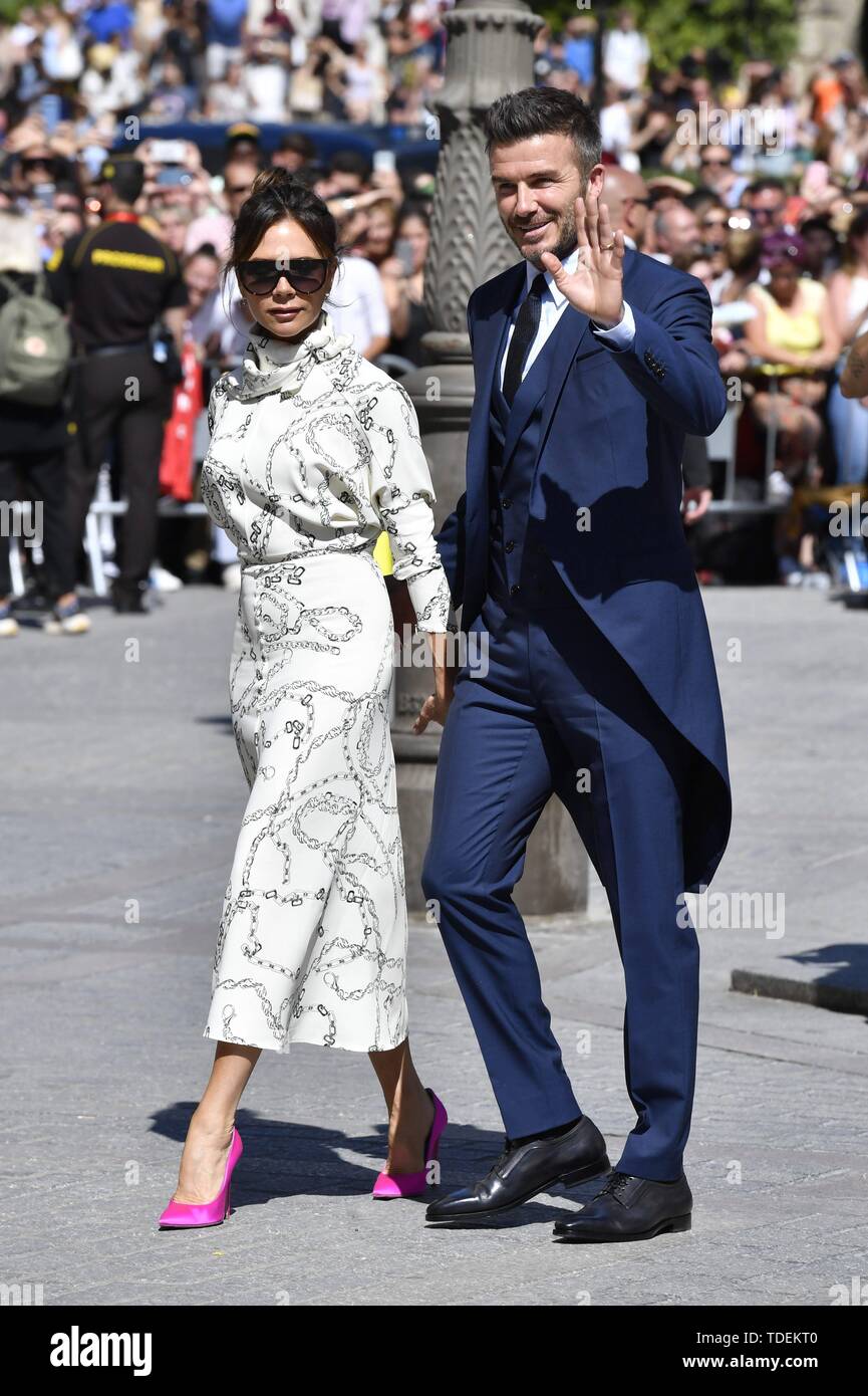 Sevilla, Spanien. 15 Juni, 2019. David und Victoria Beckham während der Hochzeit von Sergio Ramos und Pilar rubio in Sevilla am Samstag, den 15. Juni 2019. Credit: CORDON Cordon Drücken Sie die Taste/Alamy leben Nachrichten Stockfoto