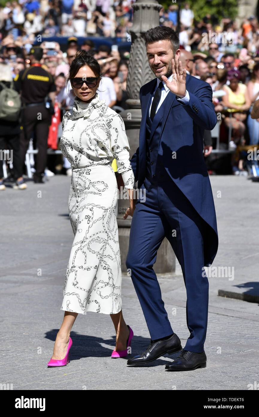 Sevilla, Spanien. 15 Juni, 2019. David und Victoria Beckham während der Hochzeit von Sergio Ramos und Pilar rubio in Sevilla am Samstag, den 15. Juni 2019. Credit: CORDON Cordon Drücken Sie die Taste/Alamy leben Nachrichten Stockfoto