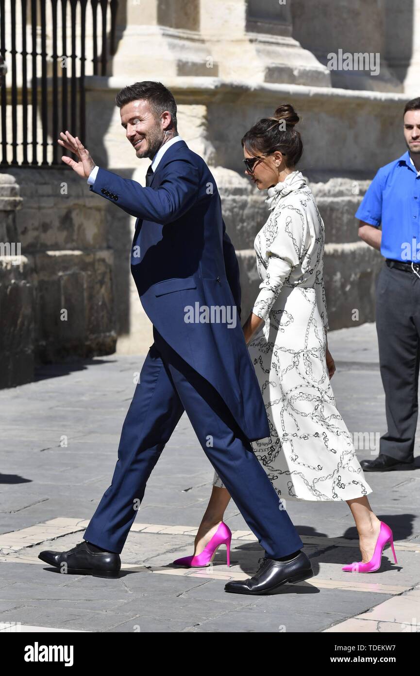 Sevilla, Spanien. 15 Juni, 2019. David und Victoria Beckham während der Hochzeit von Sergio Ramos und Pilar rubio in Sevilla am Samstag, den 15. Juni 2019. Credit: CORDON Cordon Drücken Sie die Taste/Alamy leben Nachrichten Stockfoto