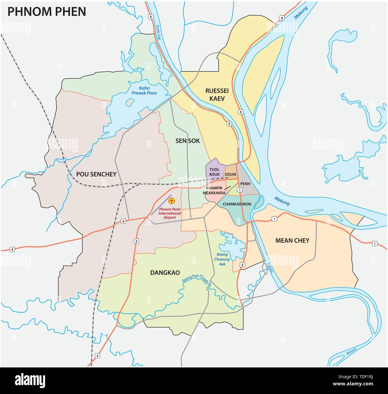 Verwaltungs- und Straßenkarte der kambodschanischen Hauptstadt Phnom Phen Stock Vektor