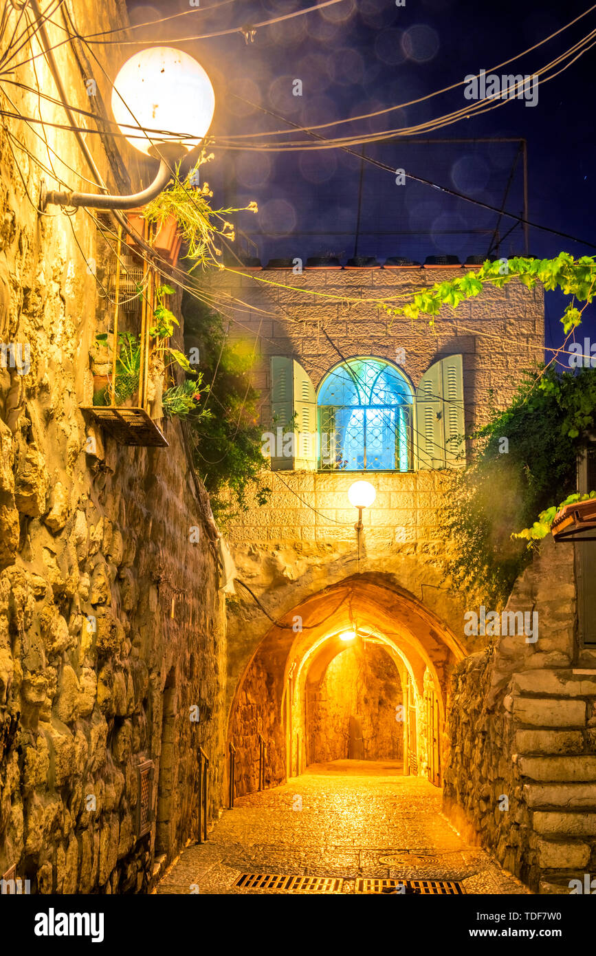 Nacht Blick auf die Altstadt von Jerusalem, Israel Stockfoto