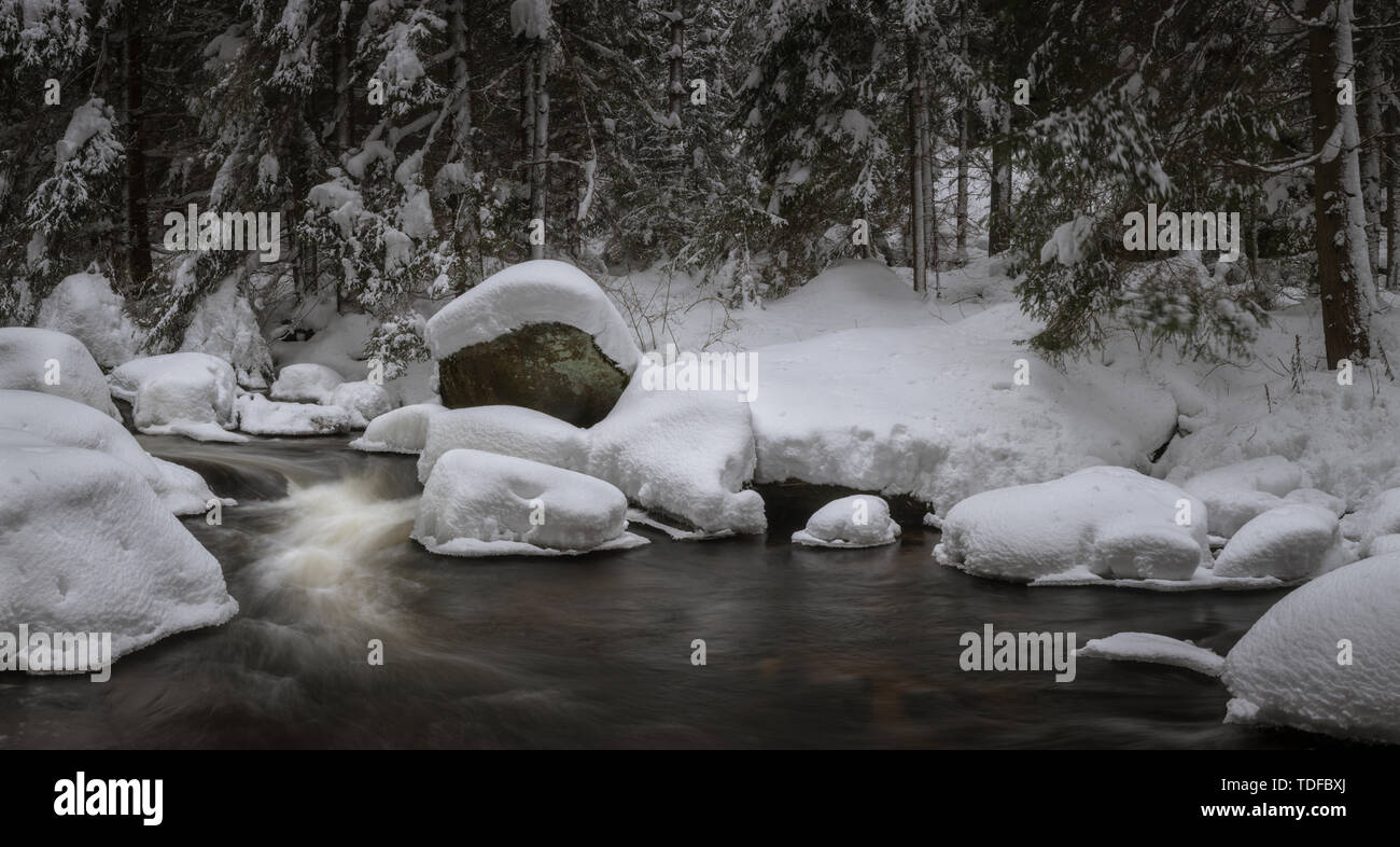 Winter Landschaft, Fluss, Höllfall, Waldviertel, Niederösterreich, Österreich Stockfoto