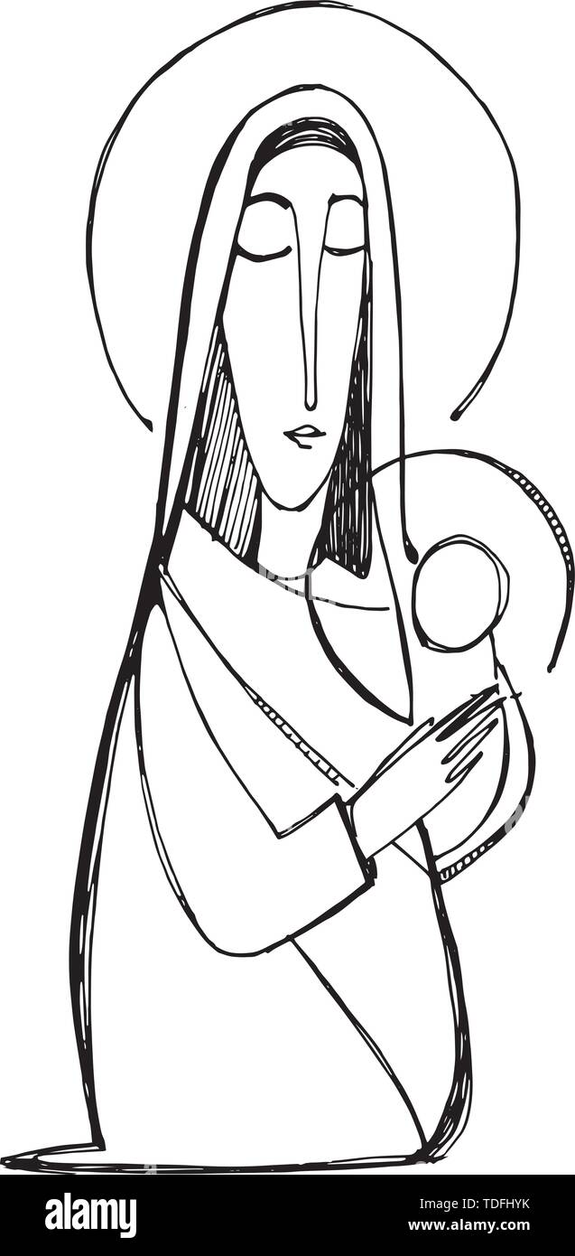 Hand vector Abbildung oder Zeichnung der Jungfrau Maria mit Baby Jesus Christus im expressionistischen Stil gezeichnet Stock Vektor