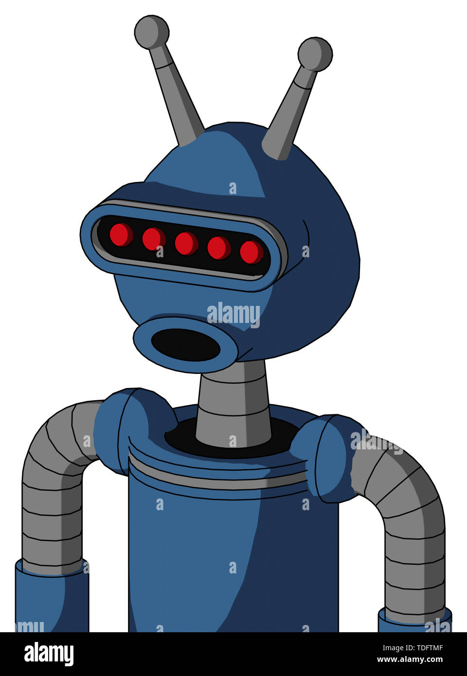Porträt Stil blau Roboter mit abgerundeten Kopf und Mund und Visor eye und Antenne. Stockfoto