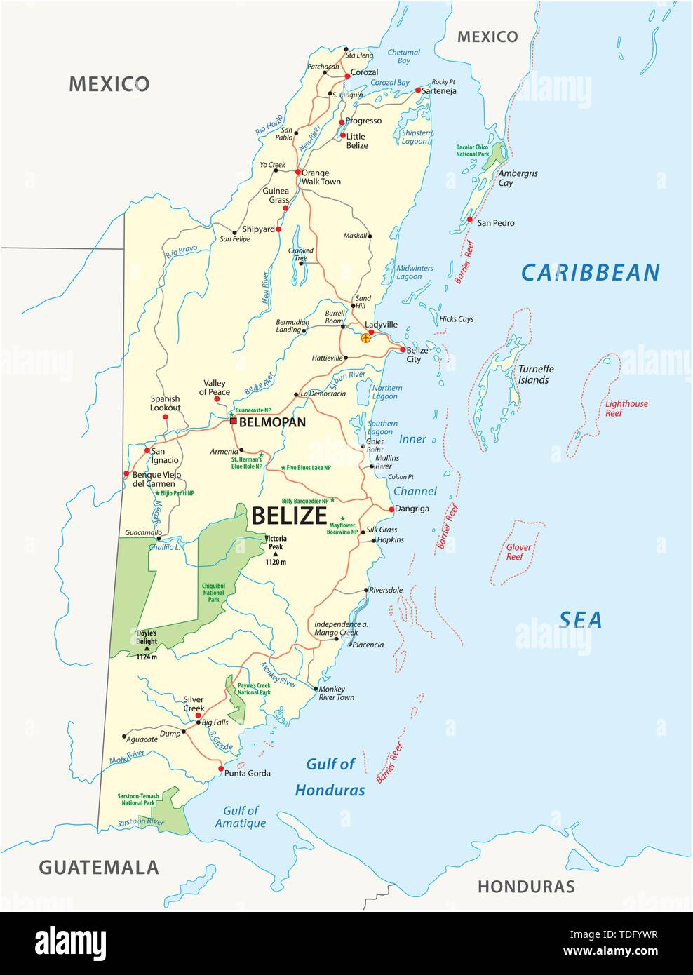 Straße und National Park Karte des zentralafrikanischen Staates Belize Stock Vektor