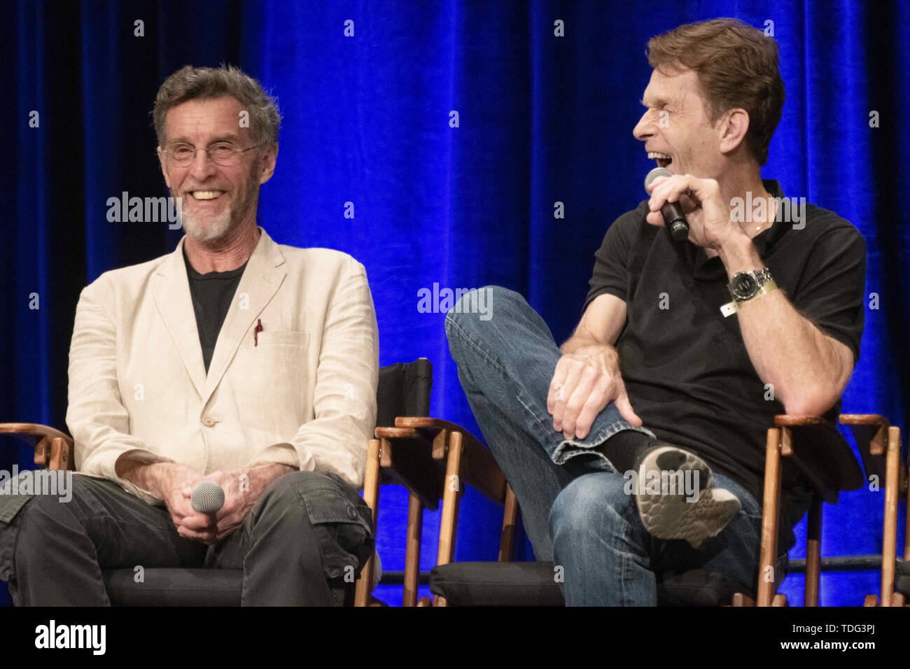 Juni 15, 2019 - Philadelphia, Pennsylvania, USA - John GLOVER Akteur auf der hit-Serie, SMALLVILLE, und Kevin Conroy, Schauspieler auf die animierte Serie, Batman, nehmen Fragen von der ausverkauften Publikum an seinem Panel Q&A bei Assistenten World-Philadelphia, die an der Philadelphia Convention Center stattfand (Bild: © Ricky Fitchett/ZUMA Draht) Stockfoto