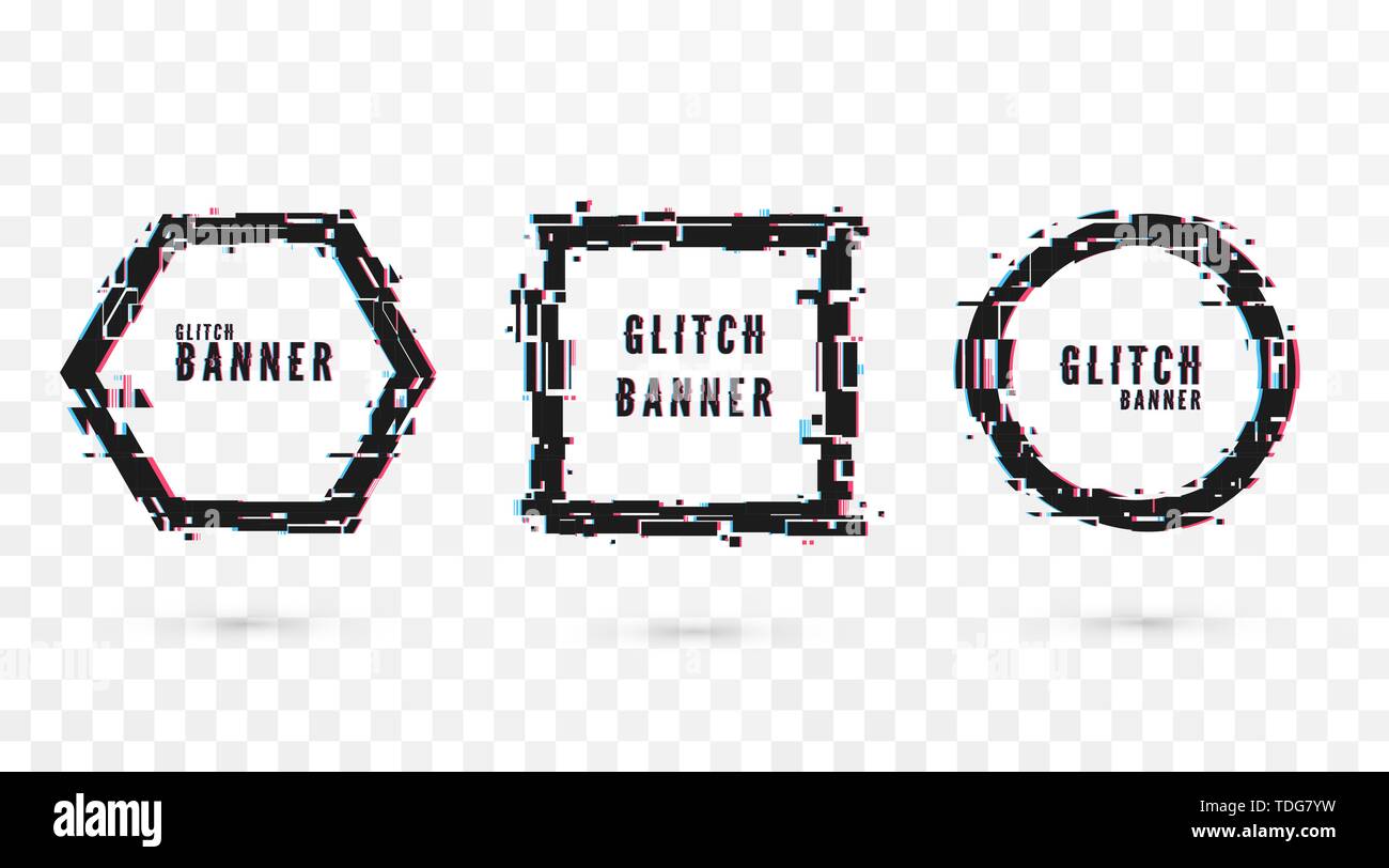 Geometrische Form Banner mit Glitch Wirkung. Die digitale Technologie moderne Plakat und Flyer Vorlage. Vector Illustration isoliert auf transparentem Hintergrund Stock Vektor