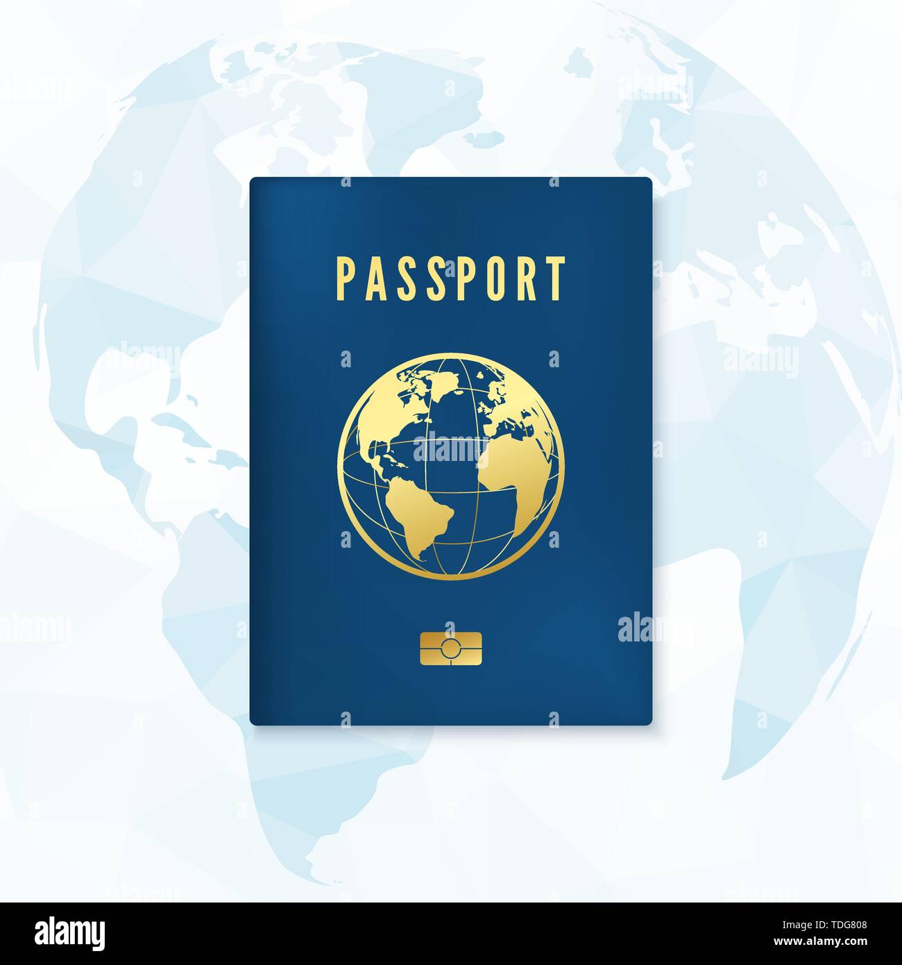 Biometrische blau Passdecke Vorlage. Identität Dokument mit einer Digitalen ID mit globalen Karte für den Hintergrund. Vector Illustration Stock Vektor
