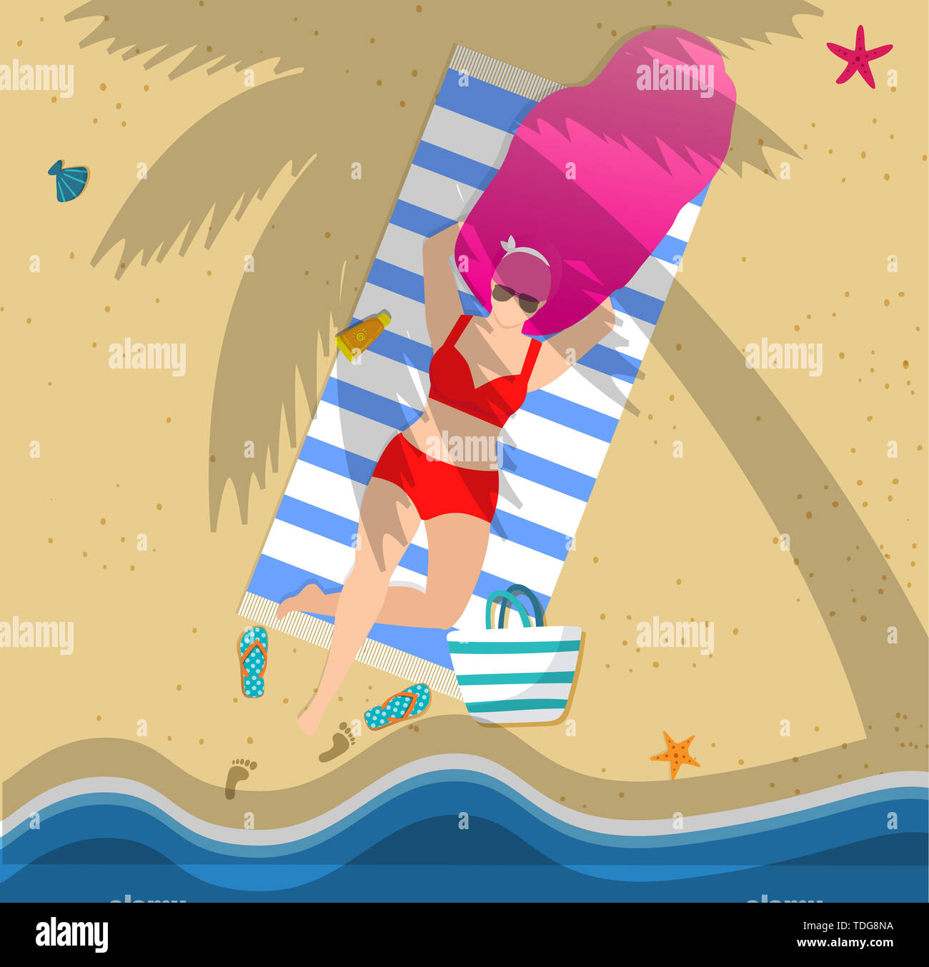 Frau am Strand unter Palmen. Sommer Urlaub, Freizeit, schöne Mädchen Charakter in Sonnenbrille und Bikini Entspannen auf sandigen Küste. Resort Spa Stockfoto