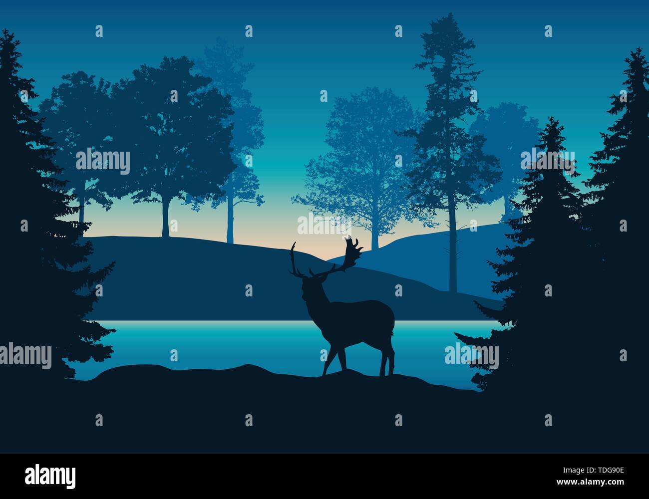 Realistische Darstellung der hügeligen Landschaft mit Wald, Fluss oder See und ständigen Rotwild unter blau-grünen Himmel mit Dawn-Vektor Stock Vektor