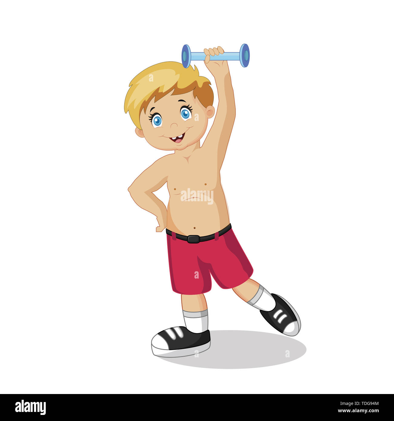 Happy Boy Trainieren mit Hantel. Wenig lächelnde Kind Charakter lieben Sport isoliert auf weißem Hintergrund. Sportler trainieren, gesunden Lebensstil, Baby Stockfoto