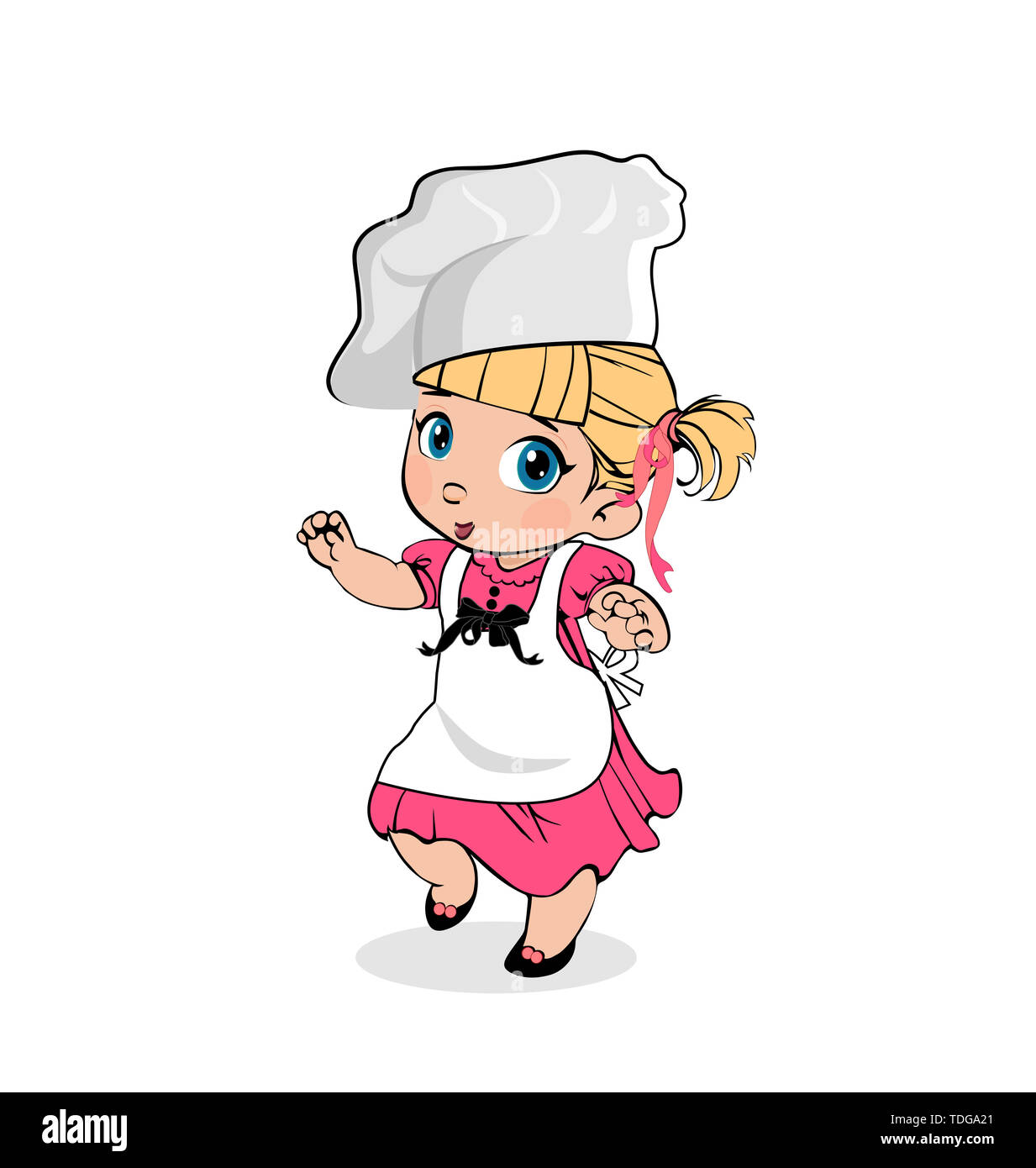 Kleines Mädchen Koch in weißen Schürze und Mütze, Kindermenü Charakter, Adorable Kocher Baby, Kochen blonde Kind in rosa Kleid isoliert auf weißem Hintergrund, C Stockfoto