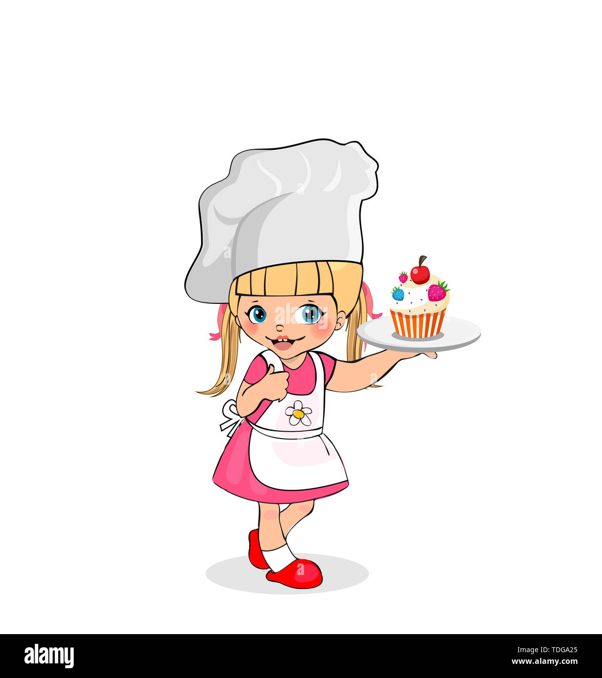 Kleines Mädchen Chef mit Kuchen auf Platte, Zicklein in weißer Schürze und Mütze mit Kuchen auf Fach, Baby Menü Charakter, Kocher, Kochen Kind isoliert auf weißem Backgr Stockfoto