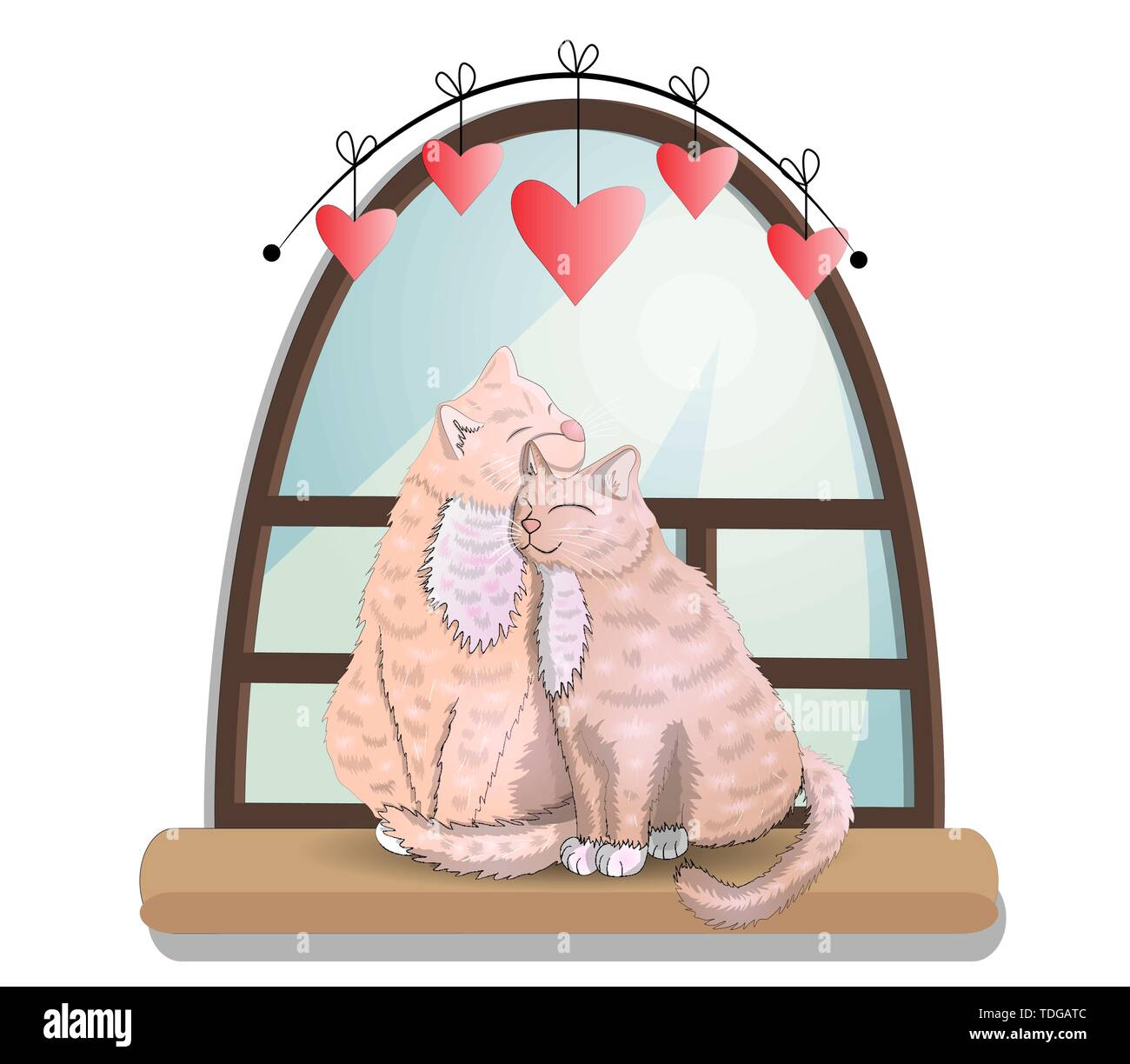 Zwei Katzen mit herzförmigen Schwänze sitzen auf einer Fensterbank in ein Zimmer, miteinander kuscheln und sich auf der Suche nach einem klassischen Rundbogenfenster in der Tageszeit, celebr Stock Vektor