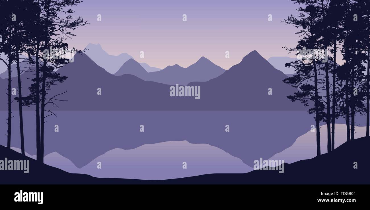 Realistische Abbildung von Berg- und Hügellandschaft mit Wald und Bäume, Fluss oder See unter purple sky mit Sunrise und Rising Sun-Vektor Stock Vektor