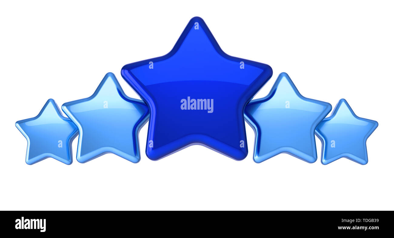 Fünf Sterne5 angeordnet Zeile blau gefärbt. award top Qualität ausgezeichneter Führer Führung symbol Konzept. 3D-Illustration, isoliert Stockfoto