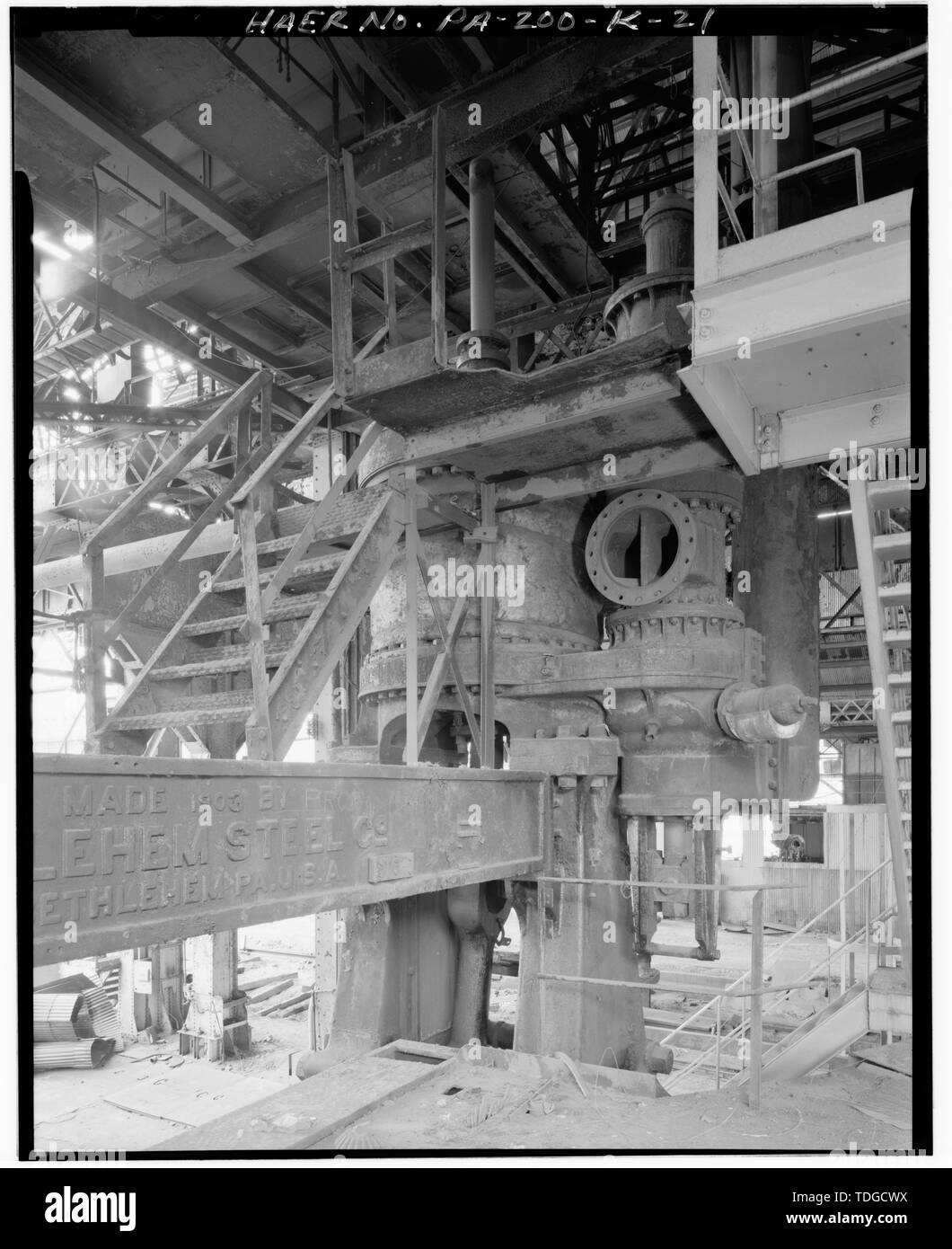 Norden DAMPF Ventil Nr. 1 DRÜCKEN SIE PUMPEN MOTOR. - U.S. Steel Homestead funktioniert, drücken Sie Shop Nr. 1, entlang Monongahela River, Homestead, Allegheny County, PA; U.S. Steel Corporation; Bethlehem Steel Company; United Engineering; Carnegie, Phipps und Unternehmen; Davy Brüder; Joseph Whitworth und Unternehmen; Fritz, Johannes; Davenport, Russell; Mesta Machine Company; Stupich, Martin, Fotograf Stockfoto