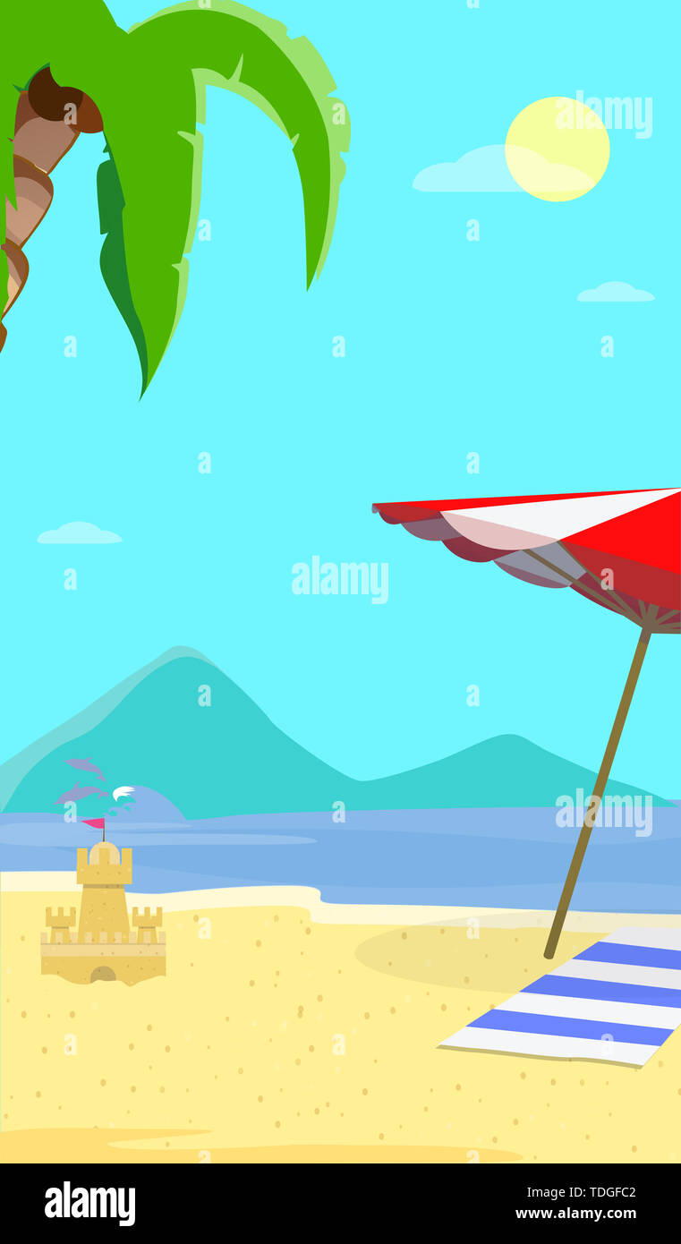 Sommer Meer Strand Hintergrund mit Landschaft Tag Zeit, Delphine, Sonnenschirm, Handtuch, Sand Castle. Reisen Postkarte für Sommer Urlaub, Ferien Stockfoto