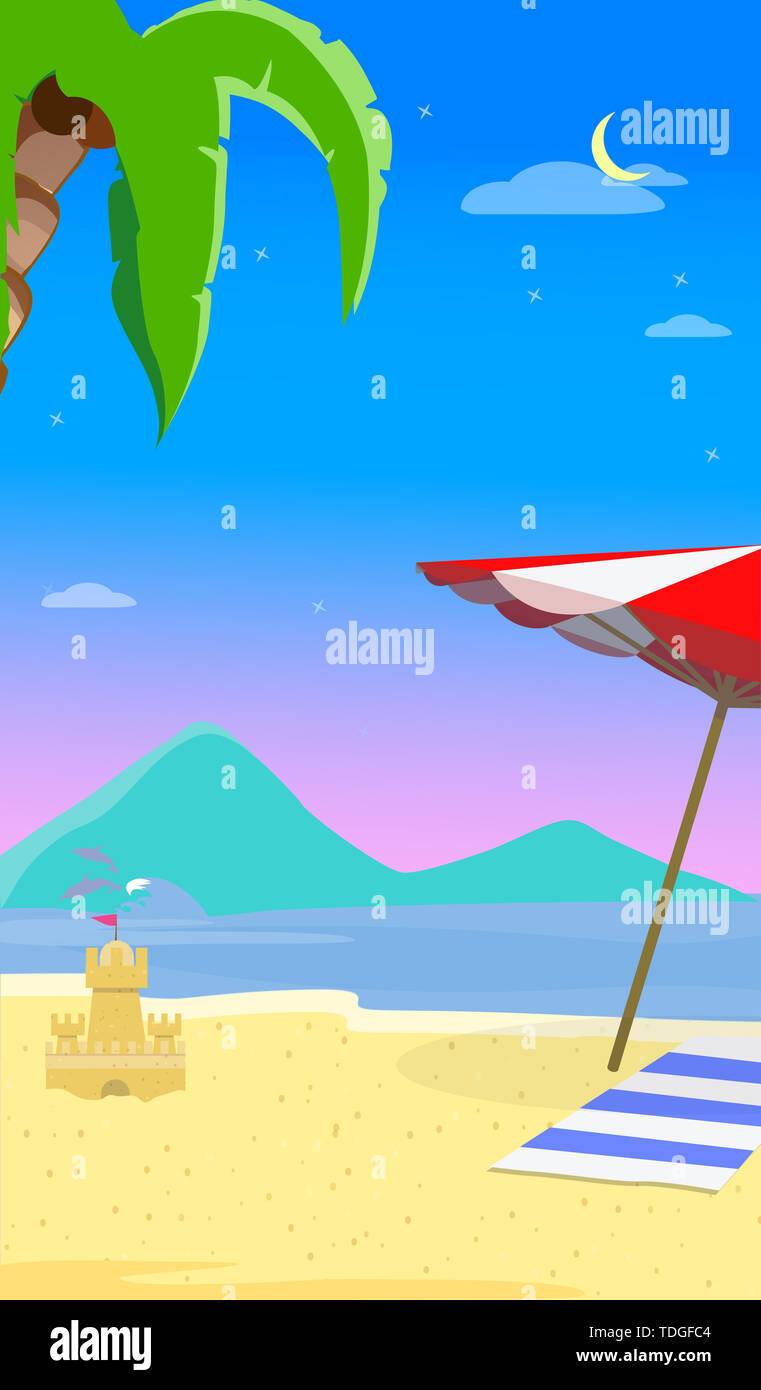 Sommer Strand Hintergrund mit Marine, Delphine, Sonnenschirm, Handtuch und Sandy Schloss. Reisen Grußkartenvorlage für Sommer Urlaub, Holid Stockfoto