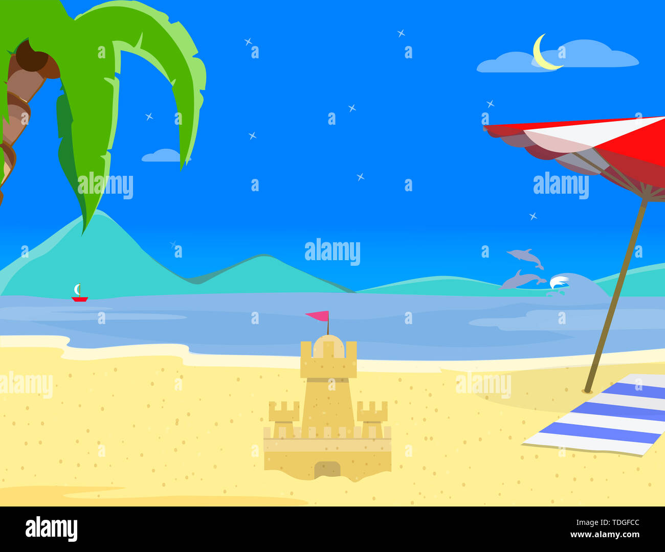 Sommer Strand Hintergrund in der Nacht Zeit, Sand Castle, Nacht, Landschaft von exotischen Küste, asiatische Thailand Resort Seascape Sandy Shore Poster, Flyer Te Stockfoto
