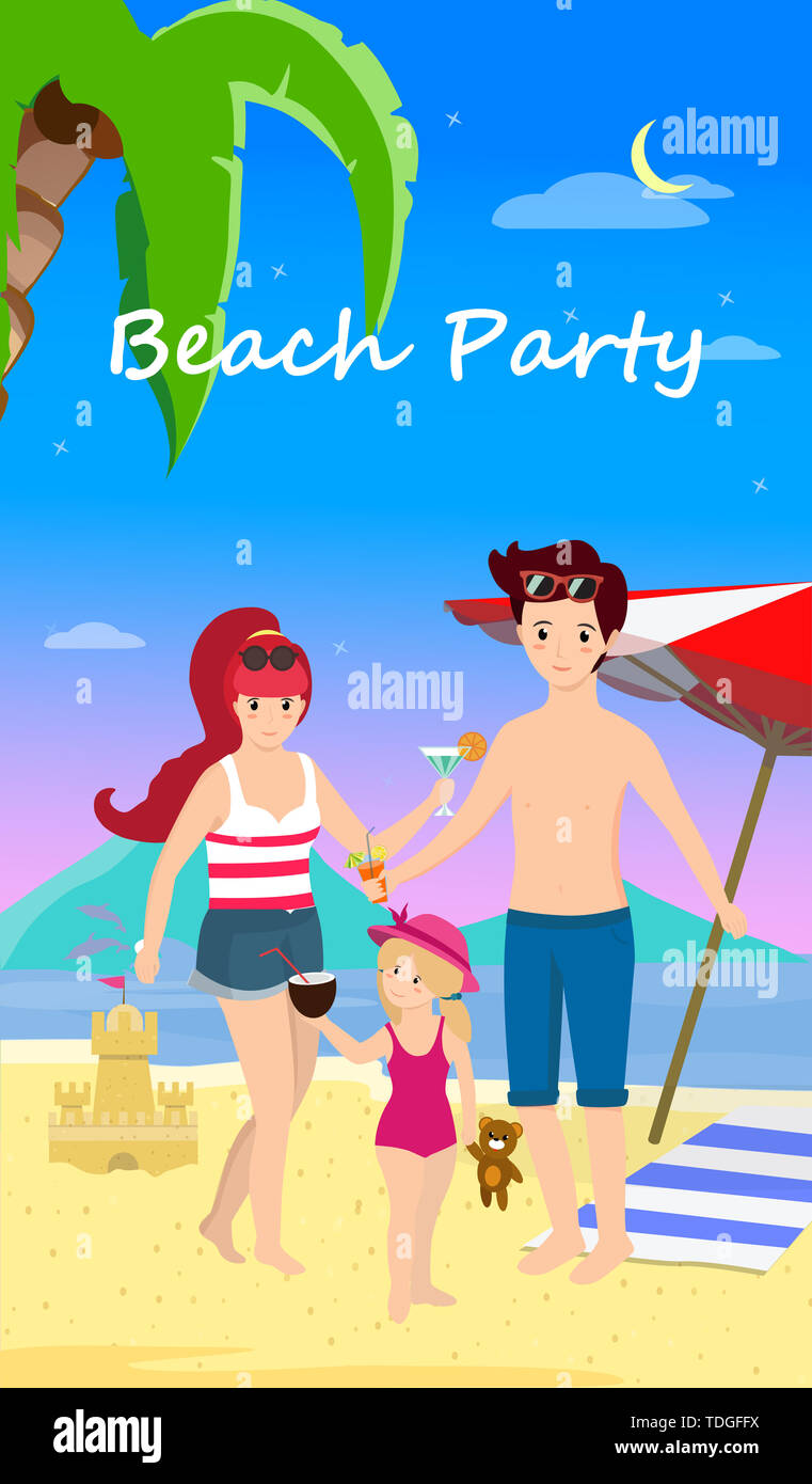 Happy Family Beach Party. Lächelnd Eltern mit Kind auf Sand Cocktails am Meer Hintergrund abheben mit Delfinen, Palmen, Sonnenschirm und Sand Ca Stockfoto