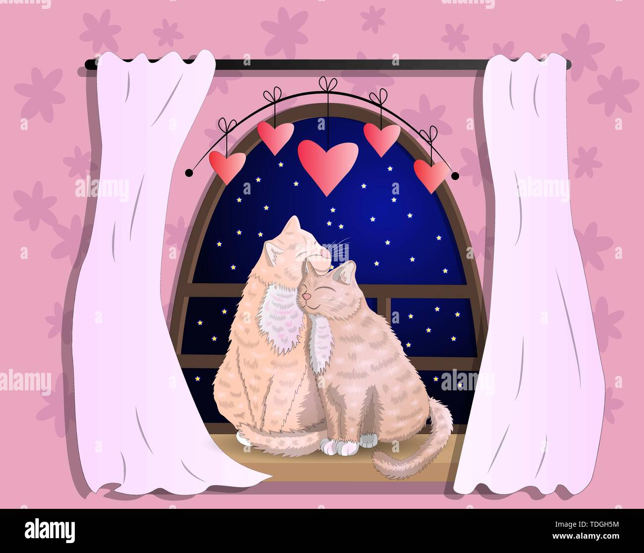 Zwei Katzen mit herzförmigen Schwänze sitzen auf einer Fensterbank in ein Zimmer, miteinander kuscheln und sich auf der Suche nach einem klassischen Rundbogenfenster, feiern Valentinstag Stock Vektor
