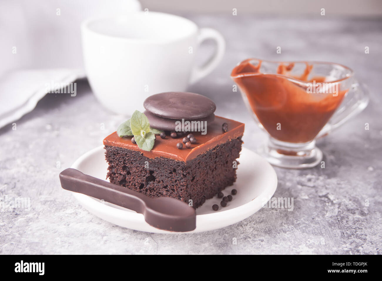 Ein Stück leckere hausgemachte Schokolade Kuchen auf den Teller mit Puderzucker, minzblatt und Schokolade Löffel auf grauem Hintergrund Stockfoto
