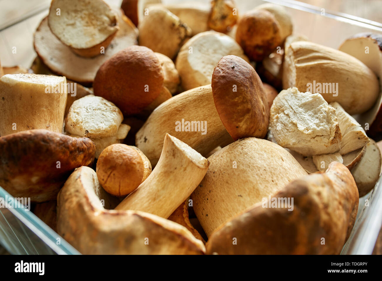 Steinpilze auf einem Holzbrett, fertig gekocht zu werden Stockfoto