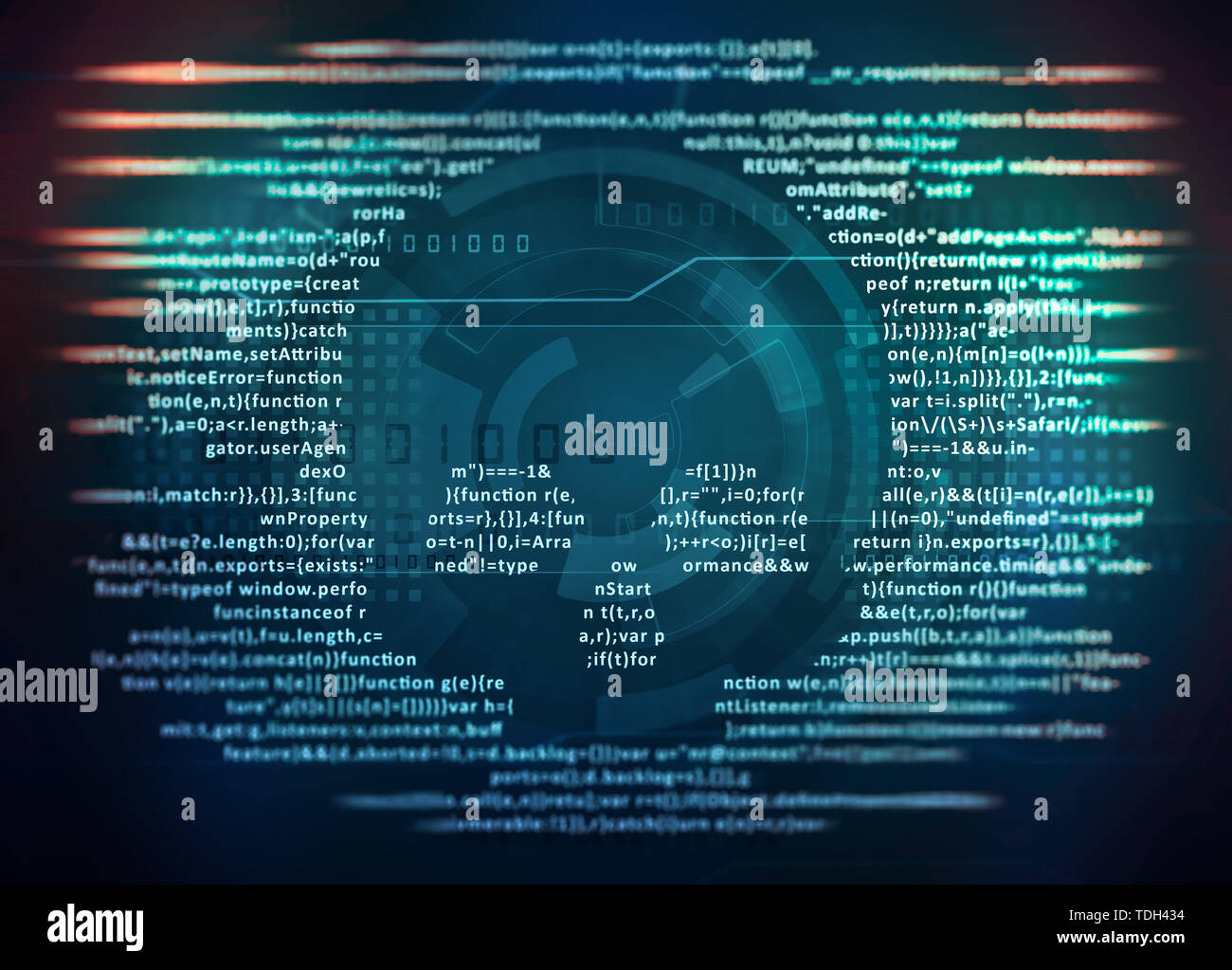 Computer virus Malwareangriff. computer Code auf einem Bildschirm mit einem Totenkopf gekennzeichnet Stockfoto