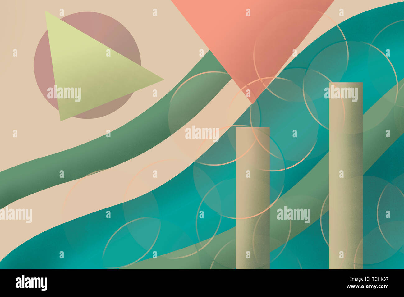 Zusammenfassung Hintergrund mit bunten geometrischen Formen und Wellenlinien Stockfoto