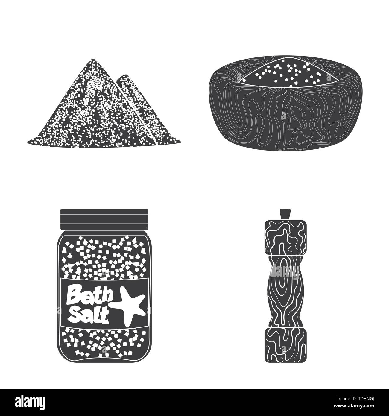 Heap, Schüssel, Flasche, Salzfass, salzig, Würzen, Hill, Badewanne, Wellness, Holz-, Pulver, Vintage, weiß, Streuen, Getreide, Mühle, Mehl, Berg, Platte, saubere, natürliche, Backen, Salz, Nahrungsmittel-, Natrium-, Mineral, Raw, Küche, Kochen, Meer, Set, Vector, Icon, Illustration, isoliert, Sammlung, Design, Element, Grafik, Zeichen, Schwarz, einfache, Vektor, Vektoren, Stock Vektor